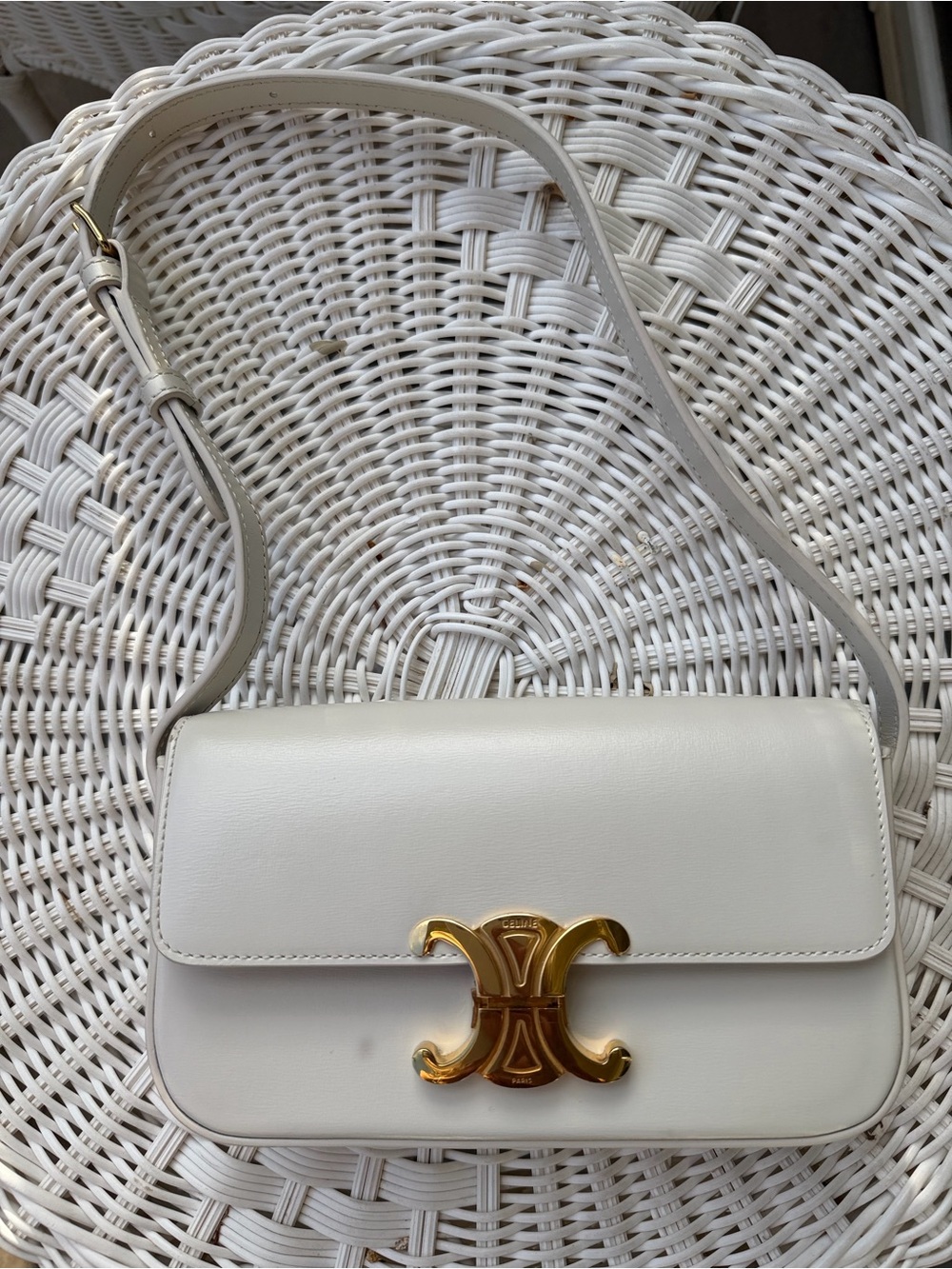 Celine Small Triomphe Shoulder Bag in Light Cream with Gold Hardware